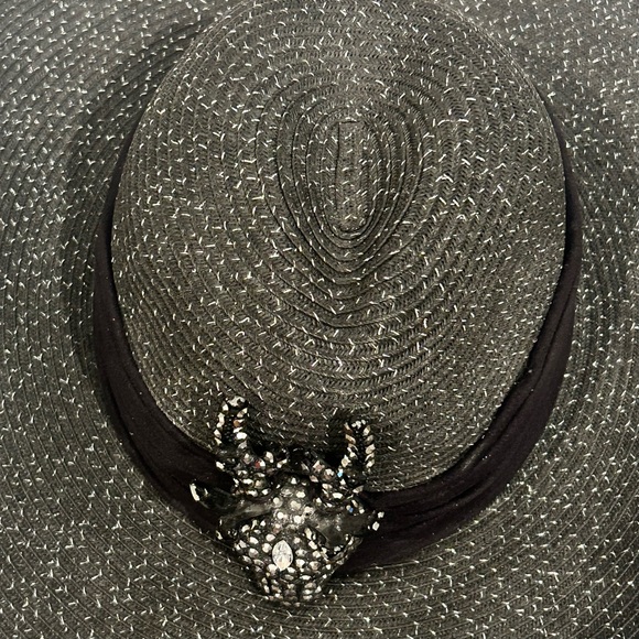 Black Western Straw Hat Jeweled Stag head Cowboy Party Texas Nashville Glamour - Picture 7 of 12
